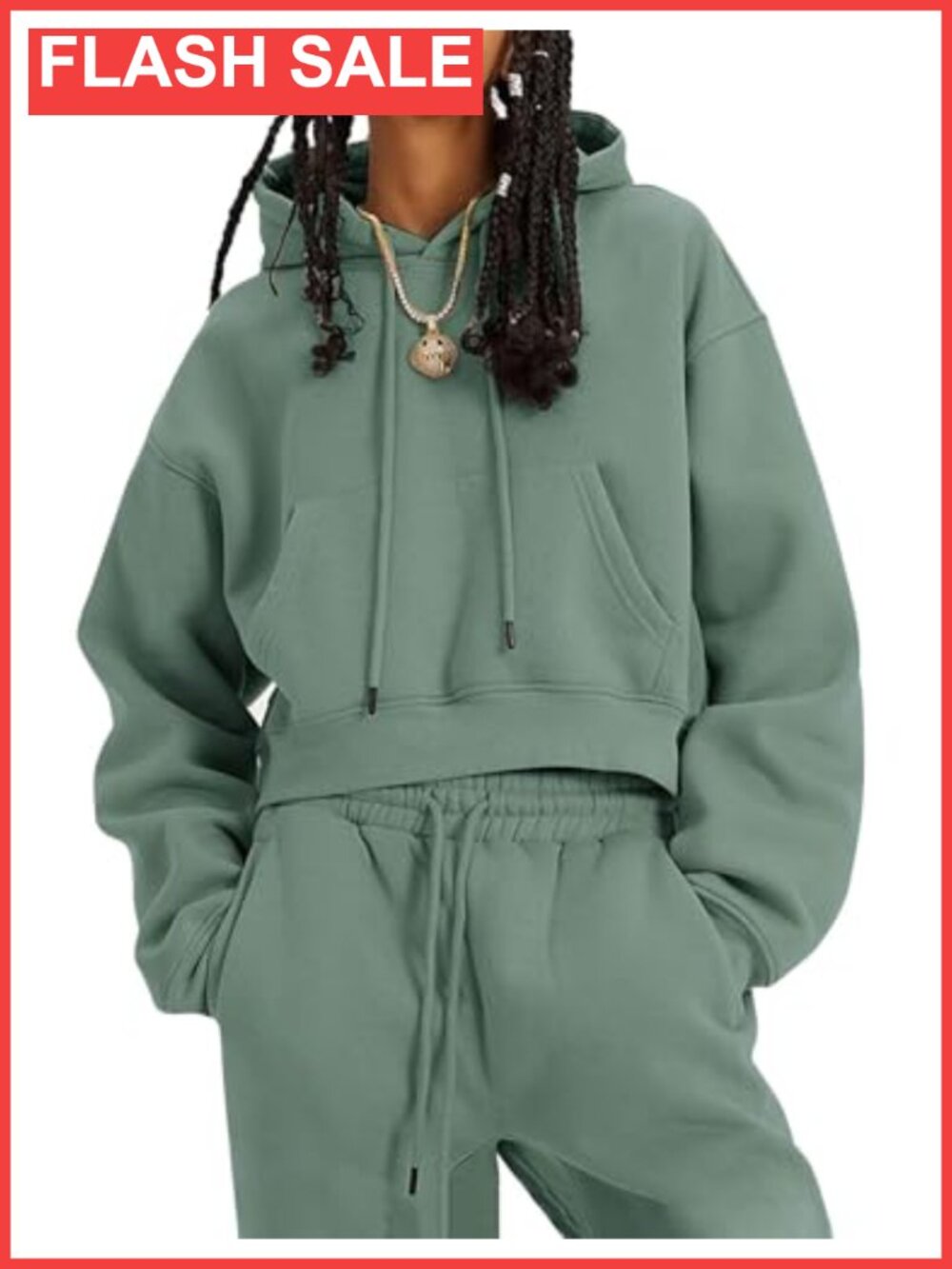 Fleece 2 Piece Sweatsuit Crop Hoodie Jogger Set Loose Fit Warm